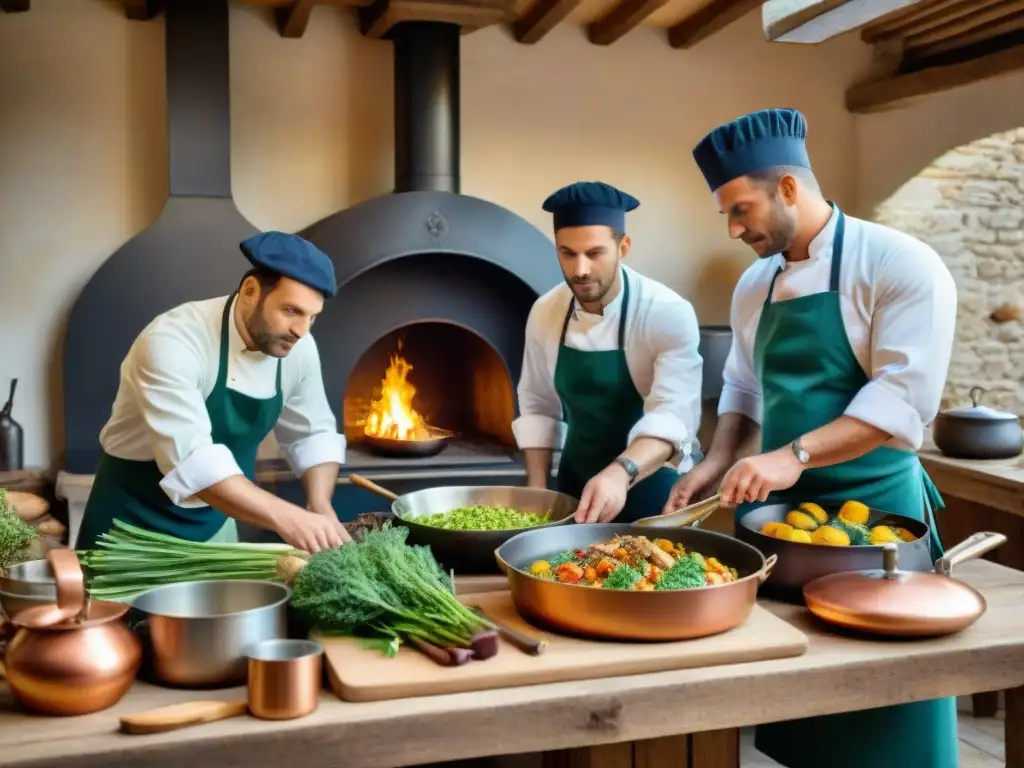 Un grupo de chefs preparando recetas tradicionales de la gastronomía francesa en una cocina de campo rústica