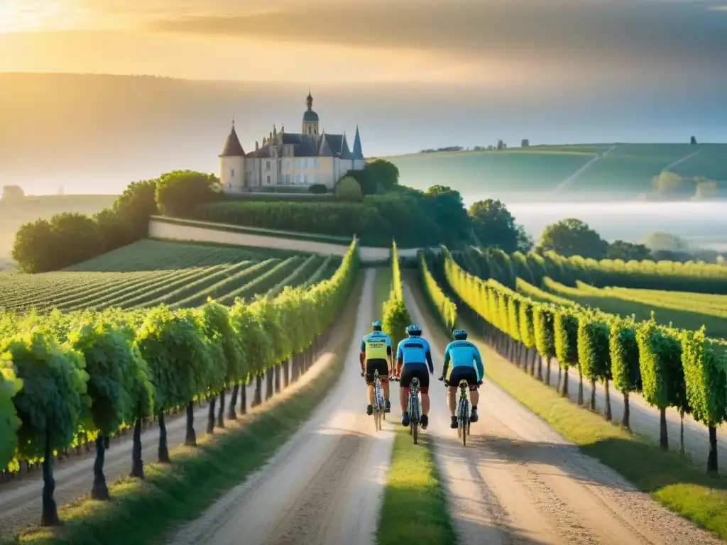 Un grupo de ciclistas en coloridos maillots recorren viñedos y castillos en un atardecer en Francia