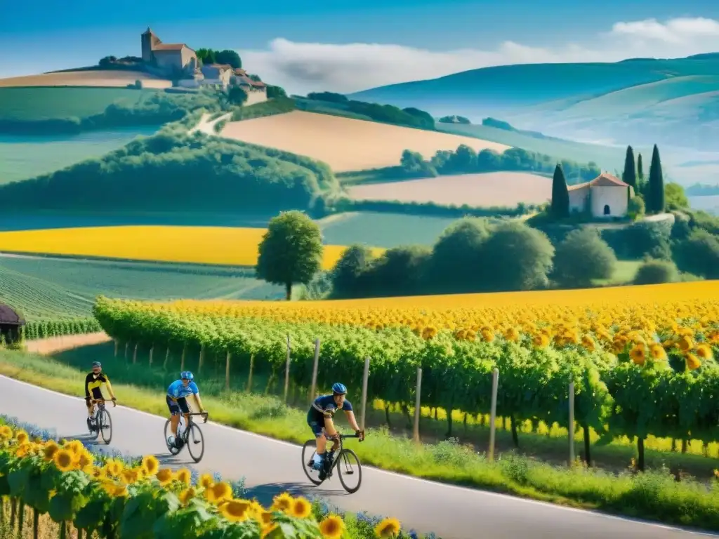 Grupo de ciclistas disfrutando de un tour gastronómico en bicicleta por la campiña francesa, rodeados de viñedos y girasoles bajo un cielo azul