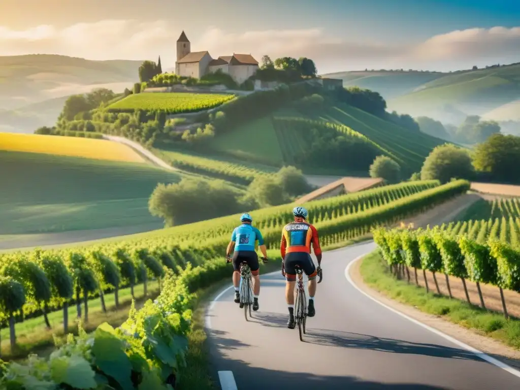 Un grupo de ciclistas en un tour gastronómico en Francia, rodeados de viñedos y colinas, bajo la cálida luz dorada