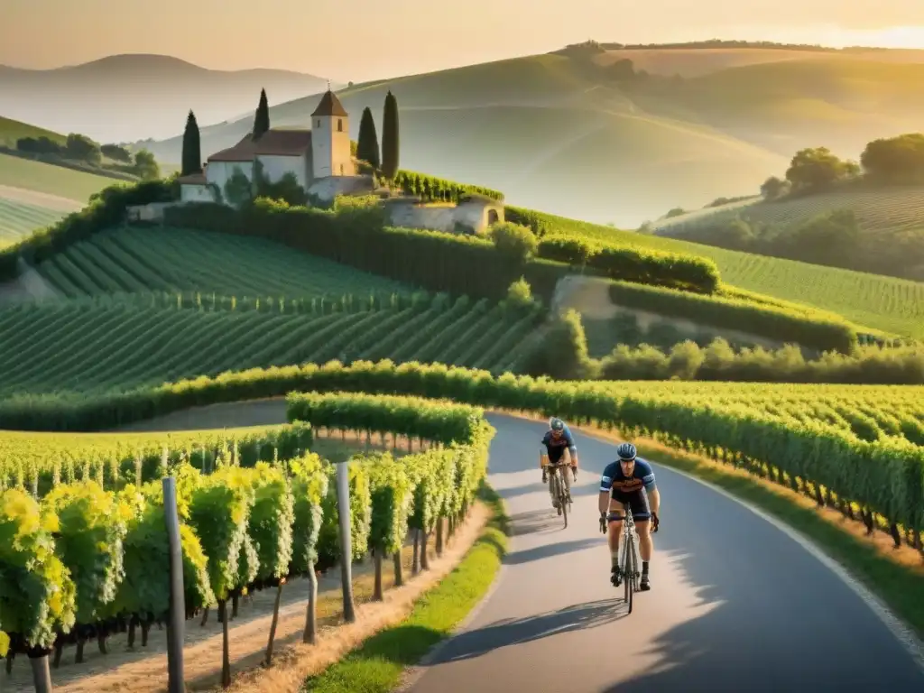 Un grupo de ciclistas disfruta de un tour gastronómico en bicicleta por los viñedos de Francia al atardecer