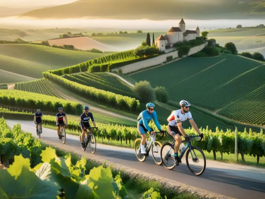 Un grupo de ciclistas recorriendo viñedos franceses al atardecer, transmitiendo la esencia de Tours gastronómicos en bicicleta Francia