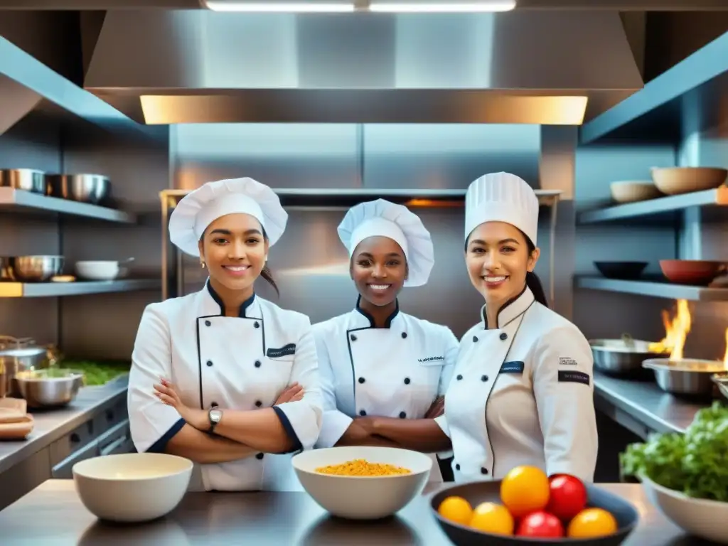 Un grupo diverso de alumnas culinarias en una bulliciosa cocina francesa, mostrando innovaciones culinarias en escuelas francesas