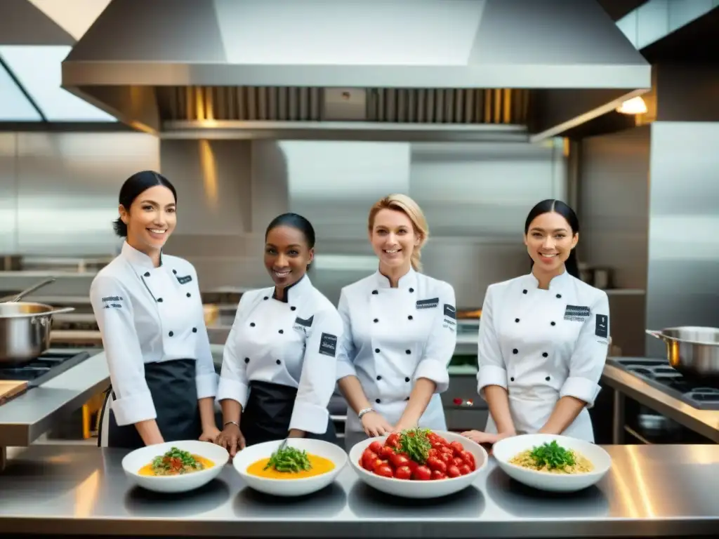 Grupo diverso de alumnas en escuela culinaria francesa, preparando platos innovadores con chef instructora