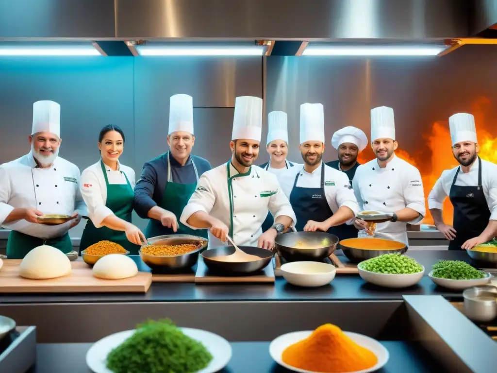 Grupo diverso de chefs aficionados compitiendo en cocina francesa