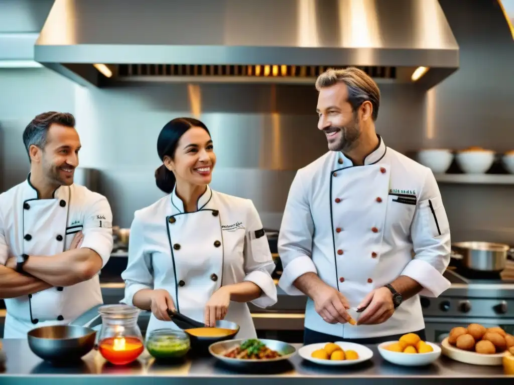 Un grupo diverso de chefs colaborando en una cocina francesa innovadora y tradicional, fusionando sabores internacionales