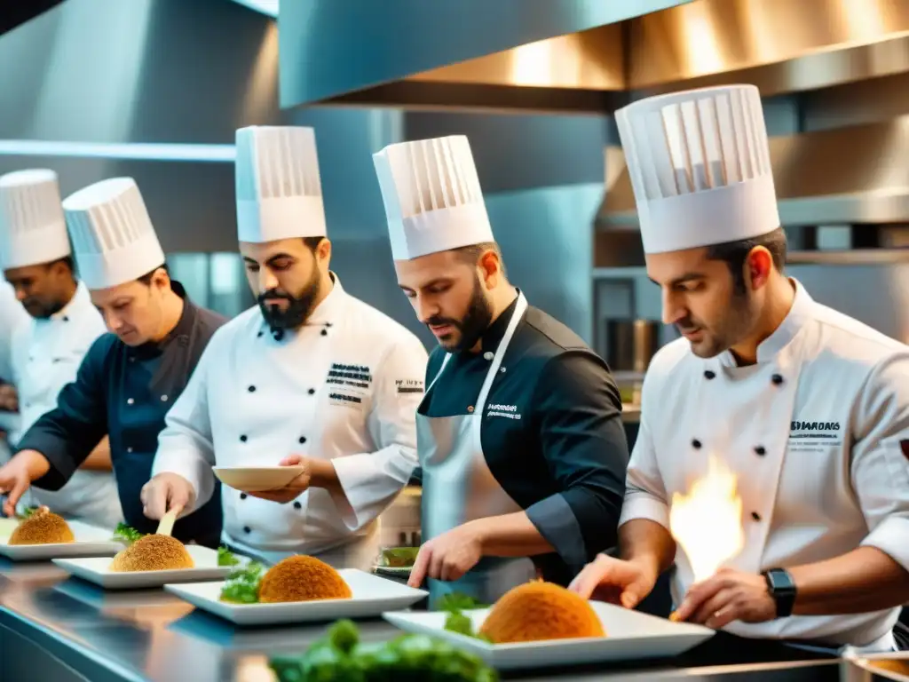 Un grupo diverso de chefs colabora armoniosamente en un concurso de cocina francesa innovador