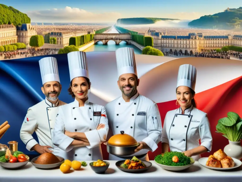 Un grupo diverso de chefs franceses muestra sus platos en una conferencia culinaria internacional, rodeados de una audiencia multicultural