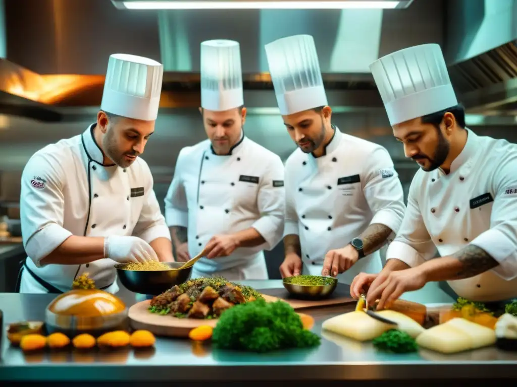 Un grupo diverso de chefs preparando Foie Gras Fusionado en cocina internacional, una escena de armonía y creatividad culinaria