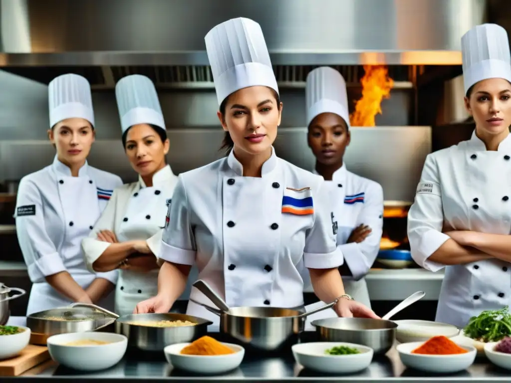 Grupo diverso de chefs mujeres en un restaurante francés, trabajando con pasión en creaciones culinarias