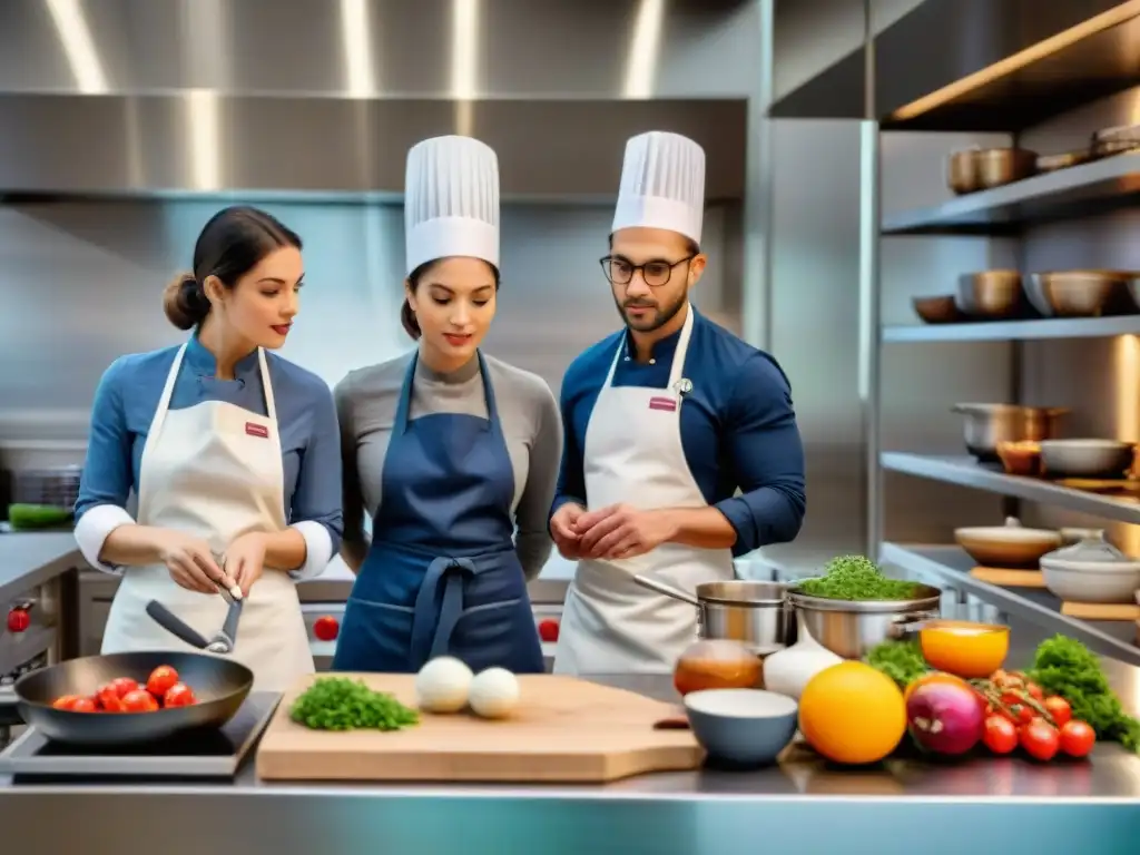 Grupo diverso de estudiantes atentos a instructor de cocina francesa en aula moderna