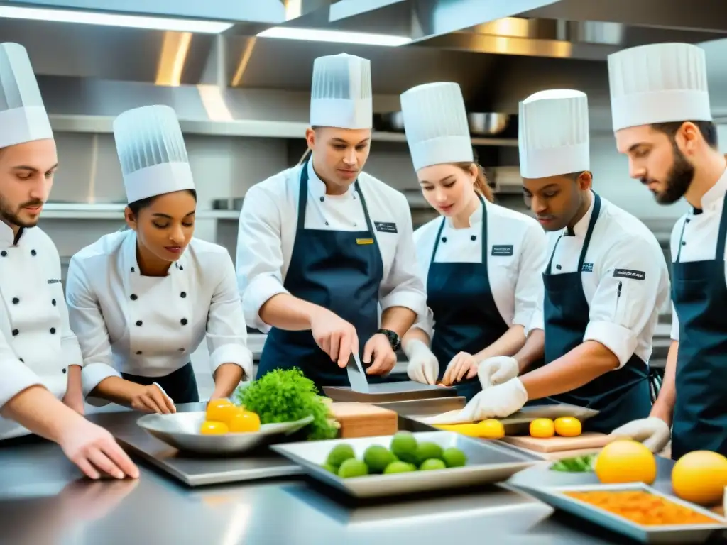 Grupo diverso de estudiantes en clase de gastronomía francesa innovadora con chef experimentado