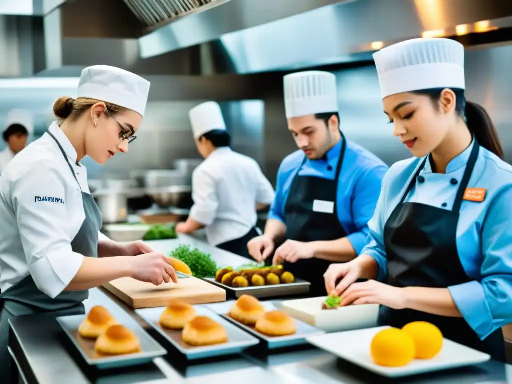 Grupo diverso de estudiantes culinarios en escuela francesa de cocina, aprendiendo con pasión