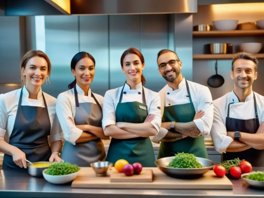 Grupo diverso de ganadores del Concurso de Cocina Francesa 2023, mostrando platos ganadores en una cocina profesional vibrante y dinámica