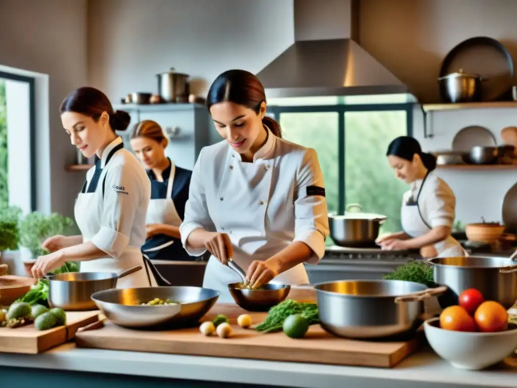 Un grupo diverso de mujeres chefs empoderadas en una cocina francesa postrevolucionaria, demostrando su habilidad culinaria