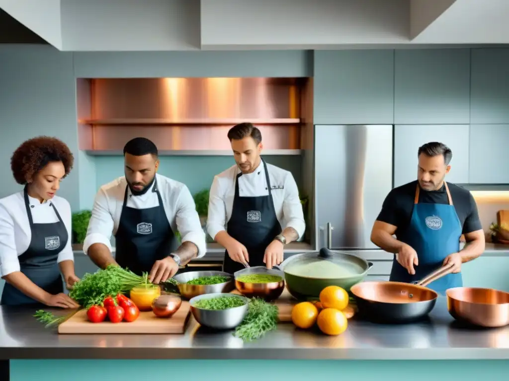 Un grupo diverso participa en un taller online de cocina francesa gourmet, concentrados y apasionados