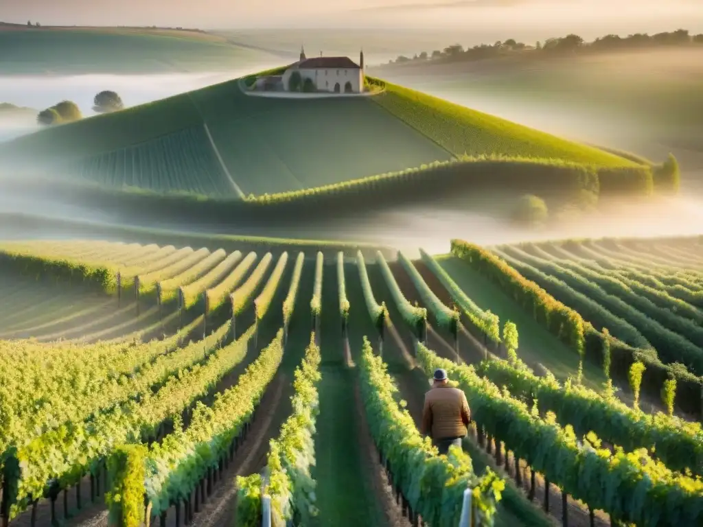 Grupo de elaboradores de vino en Champagne, Francia, inspeccionando viñedos al amanecer