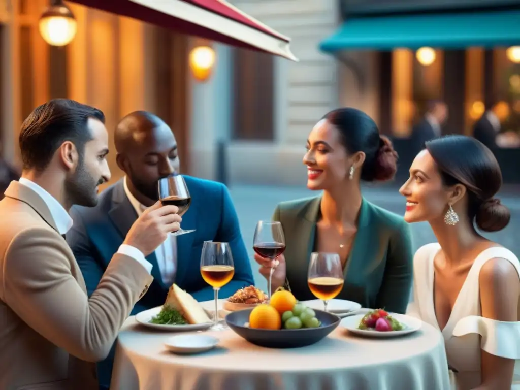 Grupo elegante en un café parisino al atardecer, disfrutando del Ritual del aperitivo en Francia