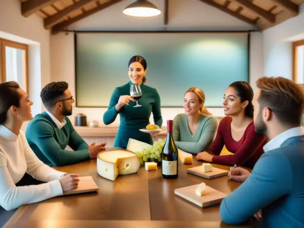 Grupo de estudiantes atentos aprendiendo maridaje de vinos y quesos en curso gastronomía francesa especializados