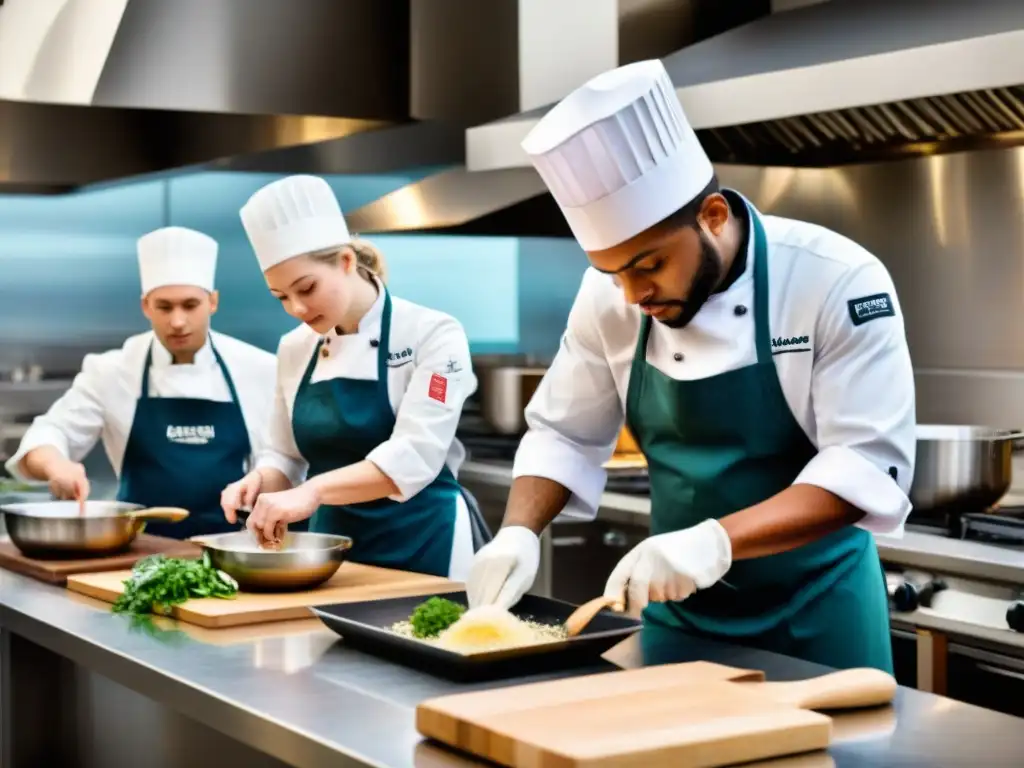 Un grupo de estudiantes de cocina en una cocina moderna, preparando platos de fusión con influencia global