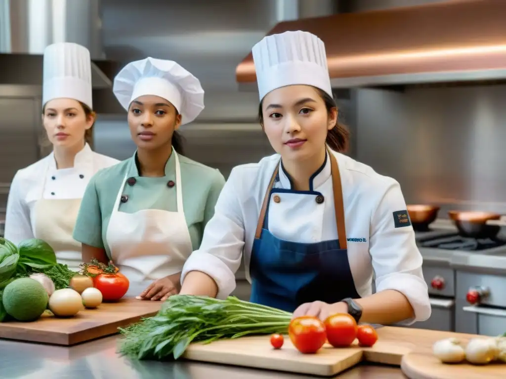 Grupo de estudiantes internacionales atentos aprendiendo técnicas de cocina francesa en una cocina profesional