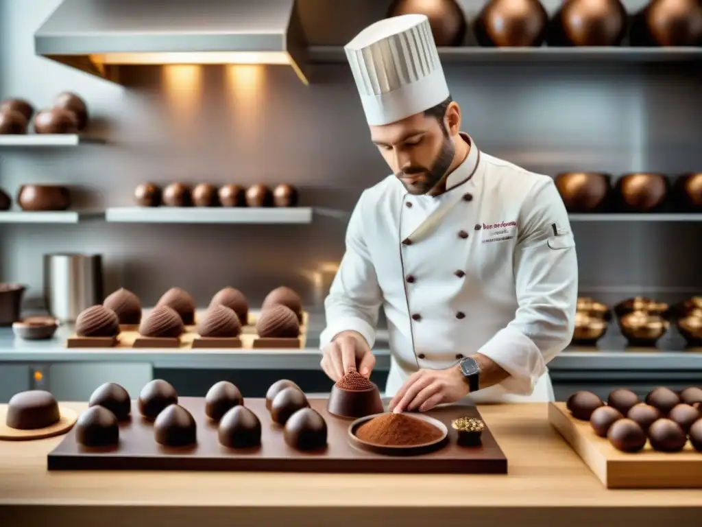 Un grupo de exalumnos exitosos de un curso de chocolate francés en su cocina profesional, creando esculturas de chocolate bajo una iluminación natural