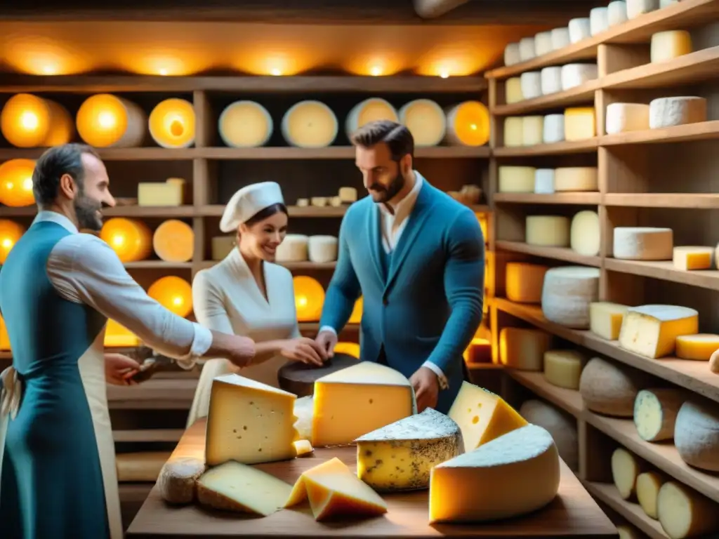 Un grupo de expertos catadores de queso francés en una bodega rústica, comparando variedades