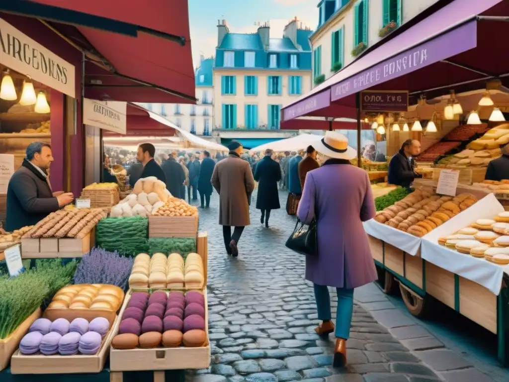 Grupo de Facebook gastronomía francesa: Escena animada de un bullicioso mercado francés con baguettes frescas, macarons coloridos y quesos variados