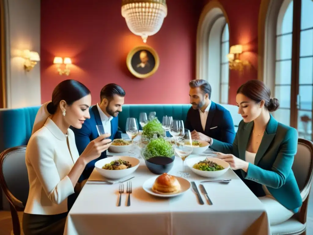 Un grupo de gourmets disfruta de una cena elegante en un restaurante francés mientras exploran sabores con apps gastronomía francesa tour