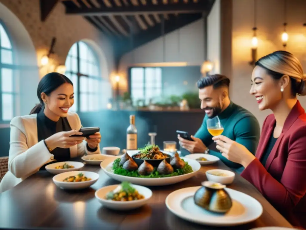 Un grupo de influencers disfrutando de una experiencia gastronómica francesa en restaurante acogedor