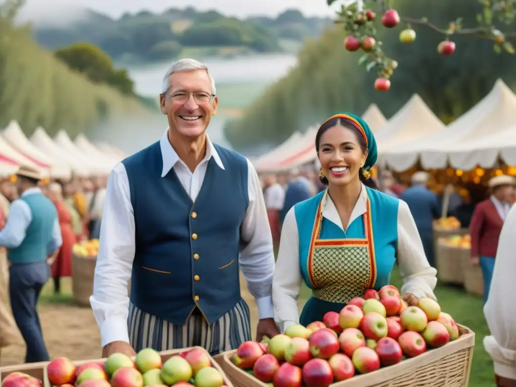 Grupo de lugareños en trajes tradicionales de Normandía participando alegres en la Fiesta de la manzana en Normandía