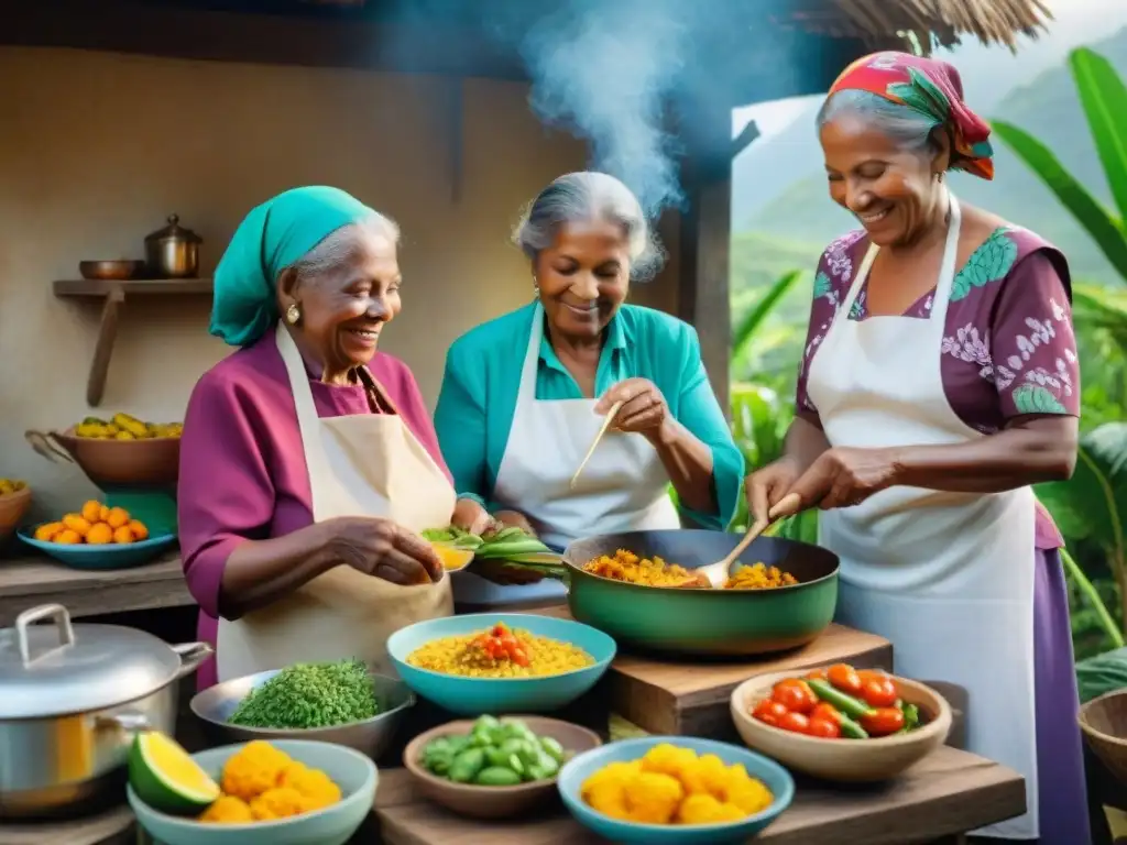 Grupo de mujeres guadalupenses preparando recetas tradicionales en cocina al aire libre, rodeadas de vegetales y utensilios locales, capturando la esencia de la gastronomía de Guadalupe