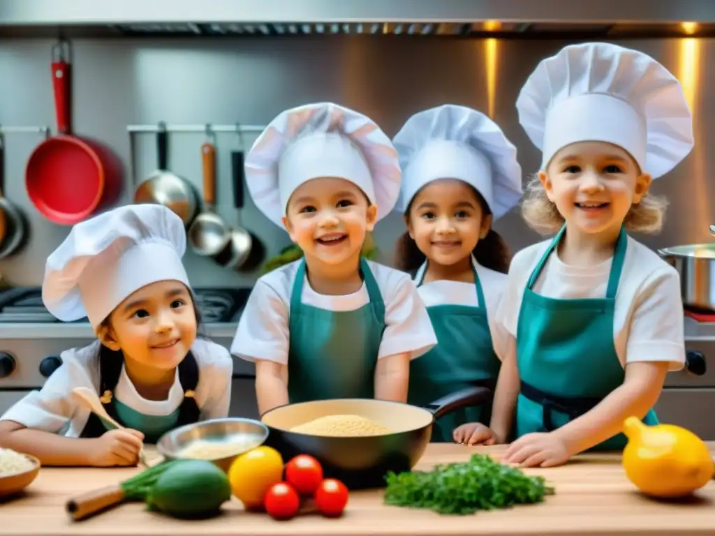 Un grupo de niños en un alegre taller de cocina francesa, atentos a la clase del chef