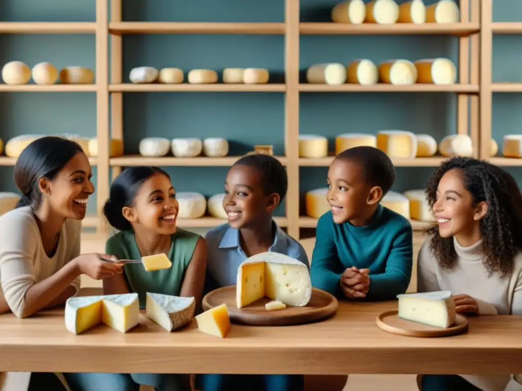 Un grupo de niños de diferentes etnias probando quesos franceses, llenos de curiosidad y alegría