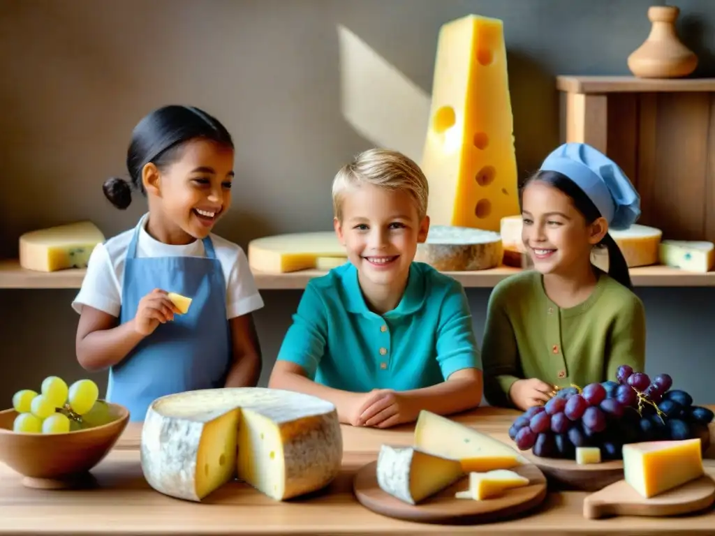 Un grupo de niños explorando y disfrutando quesos franceses en una mesa, guiados por un experto quesero