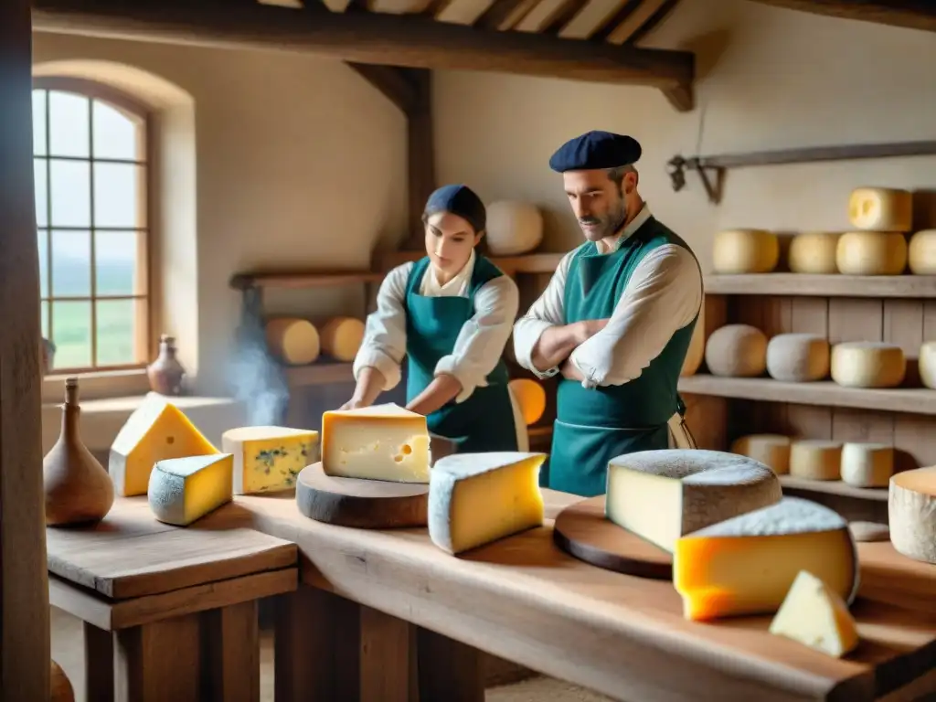 Grupo de pioneros del queso francés del siglo XIX elaborando quesos en cocina rústica