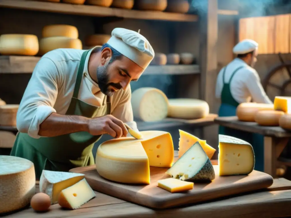 Grupo de queseros franceses tradicionales elaborando queso rodeados de ruedas de queso en un entorno campestre