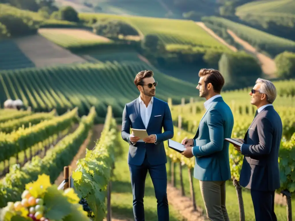 Un grupo de sommeliers franceses inspecciona vinos en viñedo