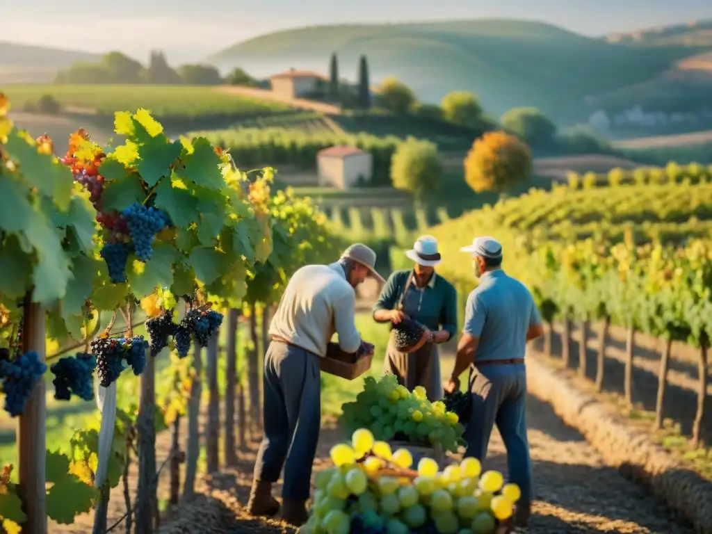 Grupo de trabajadores de viñedos en el Valle del Ródano, recolectando uvas bajo el sol matutino en una escena tradicional y pintoresca de vendimia