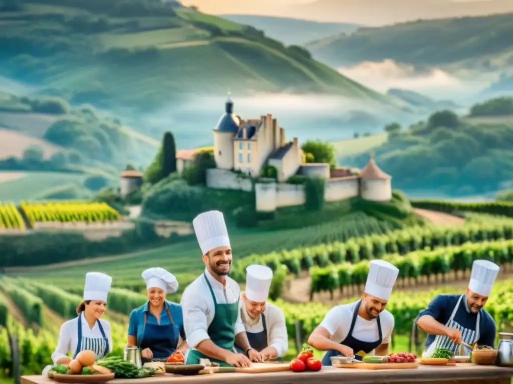 Grupo de turistas aprendiendo cocina francesa en un idílico paisaje campestre