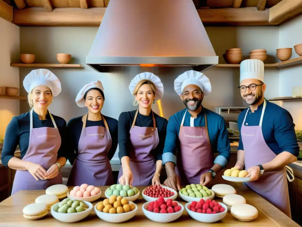 Un grupo de turistas diversos aprende a hacer macarons en un curso de cocina en Francia