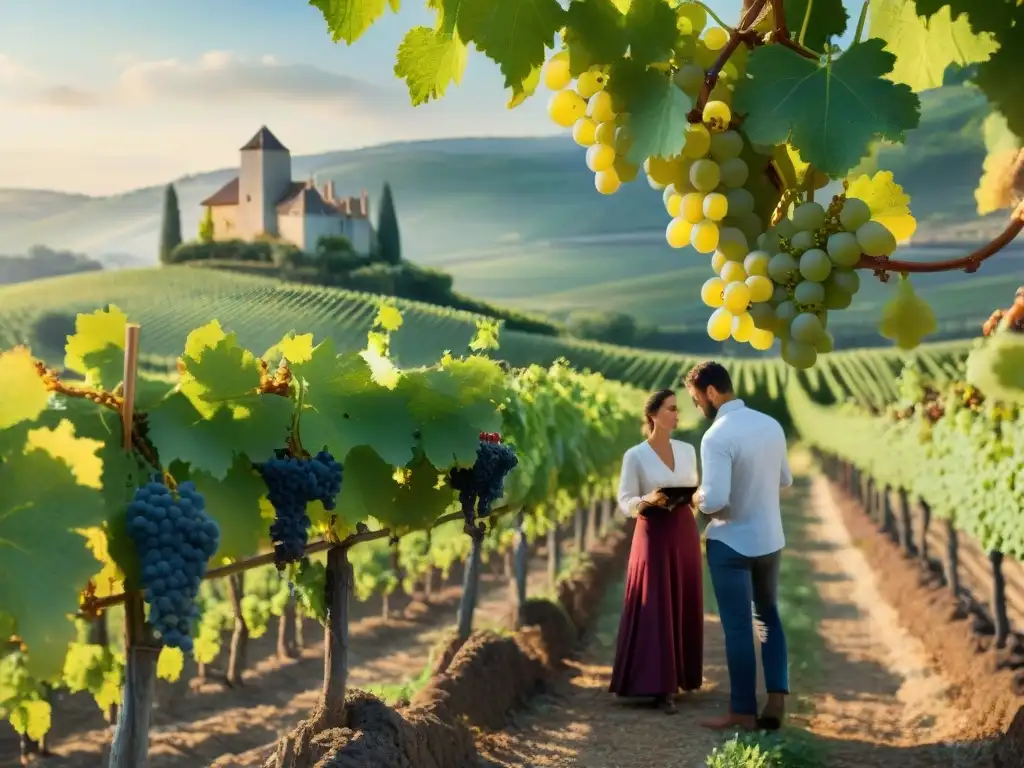 Recolección de uvas en viñedo francés: tradición y belleza Grupo de vendimiadores en un viñedo francés, seleccionando uvas bajo el sol, con un château de piedra al fondo