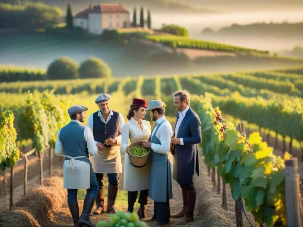 Grupo de vinicultores franceses en tradicional atuendo seleccionando uvas al amanecer en viñedo de Bordeaux