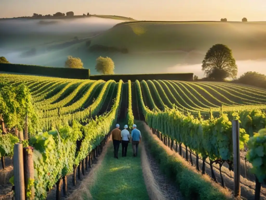 Grupo de viticultores locales cuidando viñedos al atardecer en Normandía, tesoro gastronomía francesa