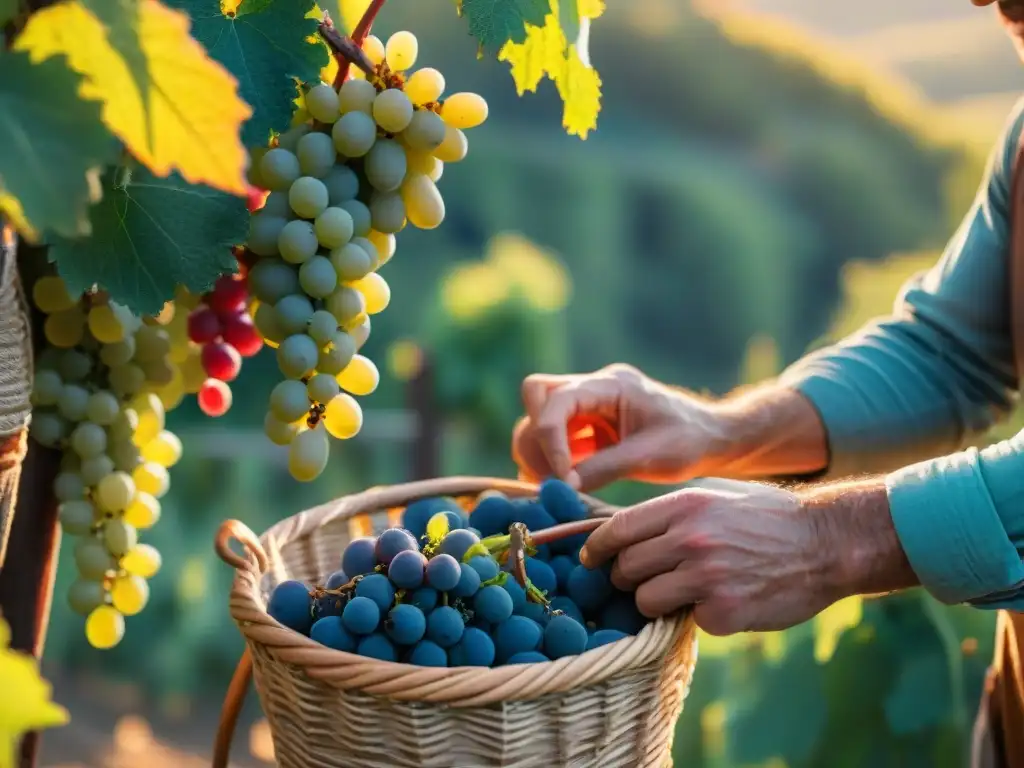 Grupo de viticultores en viñedo francés al atardecer, cosechando uvas para producción vinos naturales en Francia