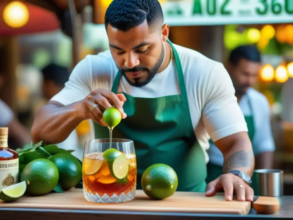 Un bartender guadalupeño prepara Ti' Punch, un icónico trago de Guadalupe, en un mercado local