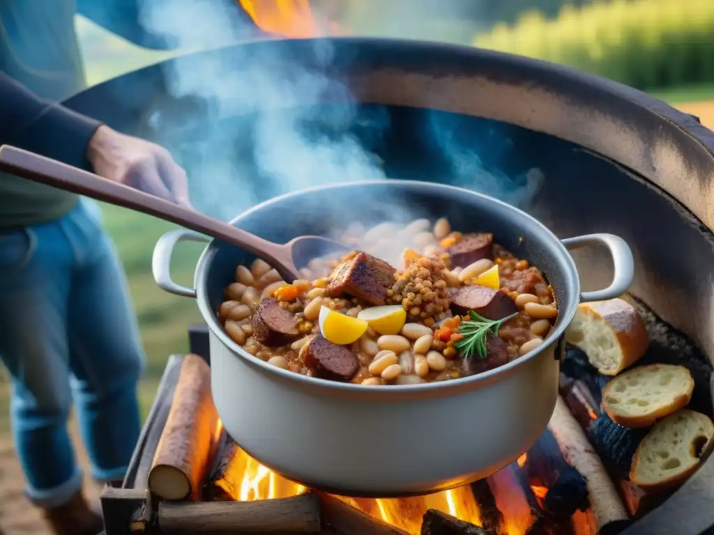 Un guiso francés tradicional cocinando a fuego lento en el campo, evocando comfort y tradición culinaria