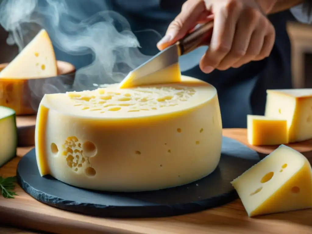 Un hábil artesano talla diseños intricados en un gran queso parmesano añejo