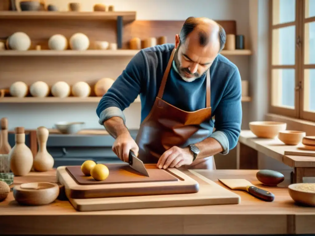 Un hábil artesano francés crea las mejores tablas de cortar cocina francesa en un taller tradicional lleno de herramientas y virutas de madera