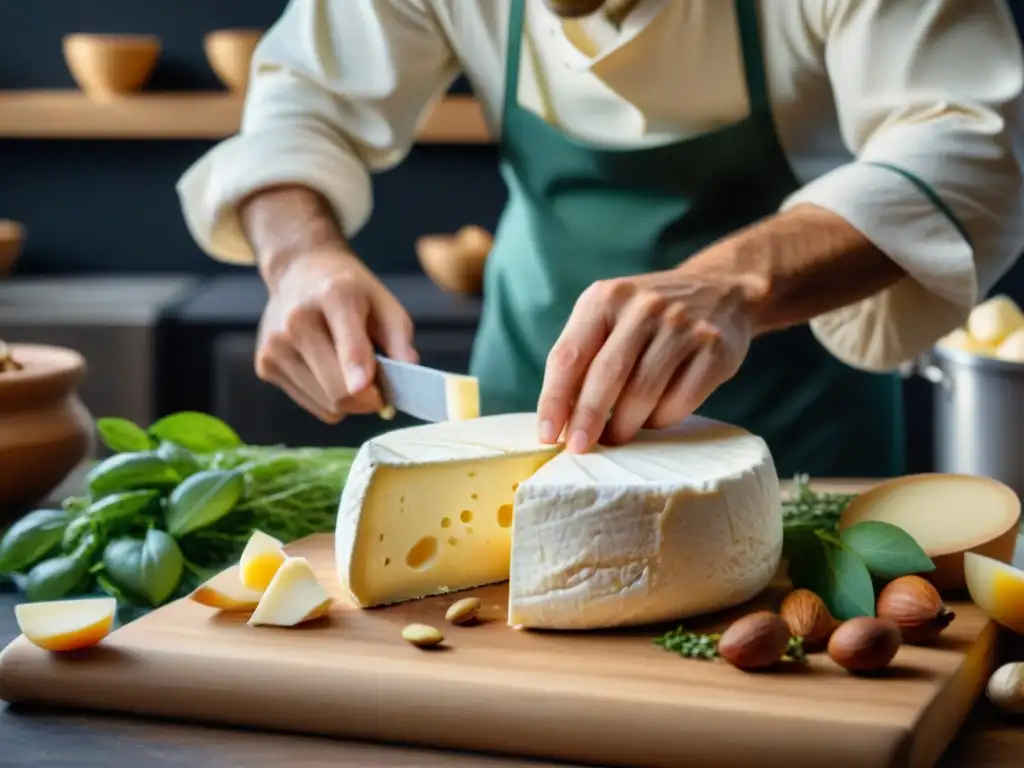 Un hábil artesano elabora quesos franceses veganos innovadores en una cocina tradicional rodeada de ingredientes naturales